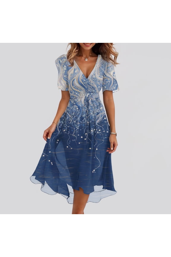 Summer Dresses for Women Short Sleeve Wrap V-Neck Modest Dresses Casual Summer Dress Beach Vacation Sundress