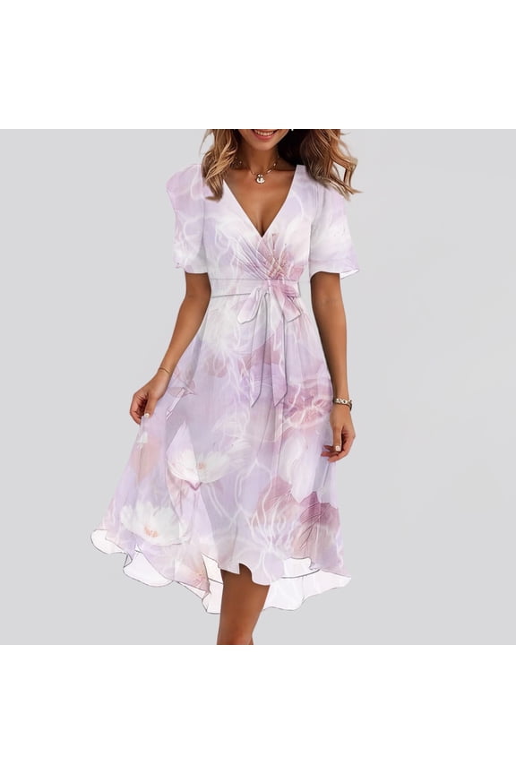 Summer Dresses for Women Short Sleeve Wrap V Neck Pleated A-Line Ruffle Hem Flowy Casual Midi Dress Cocktail & Church Tea Dresses