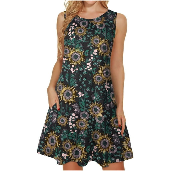 Summer Dresses for Women Sleeveless Rounk Neck Tank Dress Floral Loose Fit Comfy Sundress Sexy Casual Beach Dress