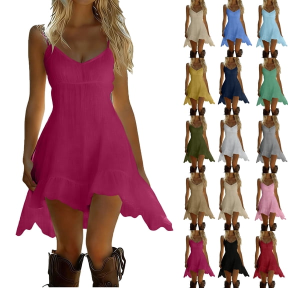 Summer Dresses for Women Sleeveless V-Neck Sundress Solid Color Linen Dress Night Out Beach Vacation Ruffled Suspender Skirt