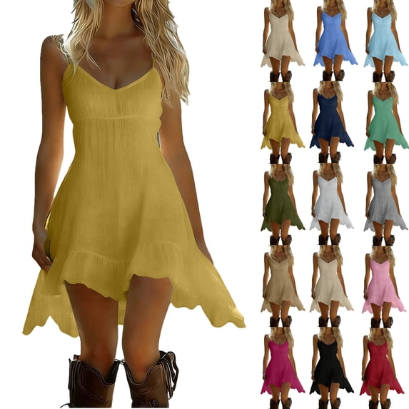 Summer Dresses for Women Sleeveless V-Neck Sundress Solid Color Linen Dress Night Out Beach Vacation Ruffled Suspender Skirt