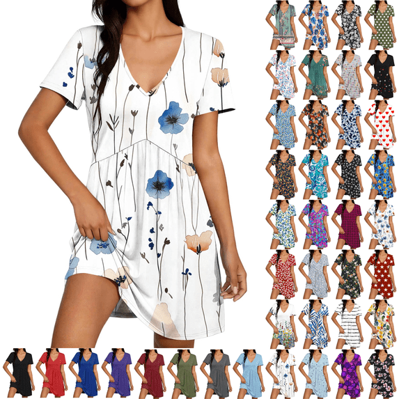 Summer Dresses for Women Solid Color V Neck Short Sleeved Mini Dress Comfortable Skin-Friendly Nightgown Casual Loose Vacation Beach Sundress