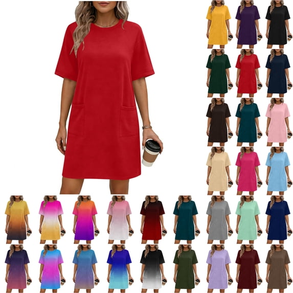Summer Dresses for Women Solid Short Sleeve Dresses for Women Round Neck Bandage Womens Dresses Ladies Plus Size Dresses, Red-L