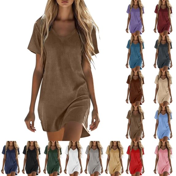 Summer Dresses for Women Solid Short Sleeved V-neck Linen Casual Dresses for Women And Comfortable Plus Size Dresses With Pocket, Coffee-XL
