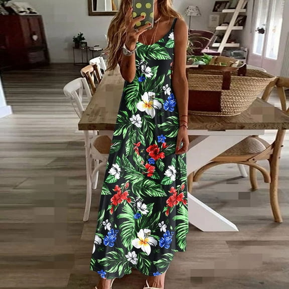 Summer Dresses for Women Spaghetti Strap V Neck Floral Boho Dress Loose Maxi Dress Slip for Beach Holiday Casual Sundress