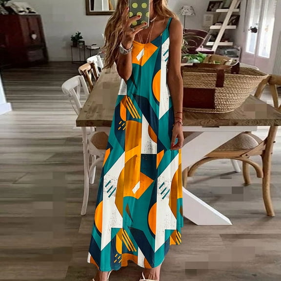 Summer Dresses for Women Spaghetti Strap V Neck Floral Boho Dress Loose Maxi Dress Slip for Beach Holiday Casual Sundress