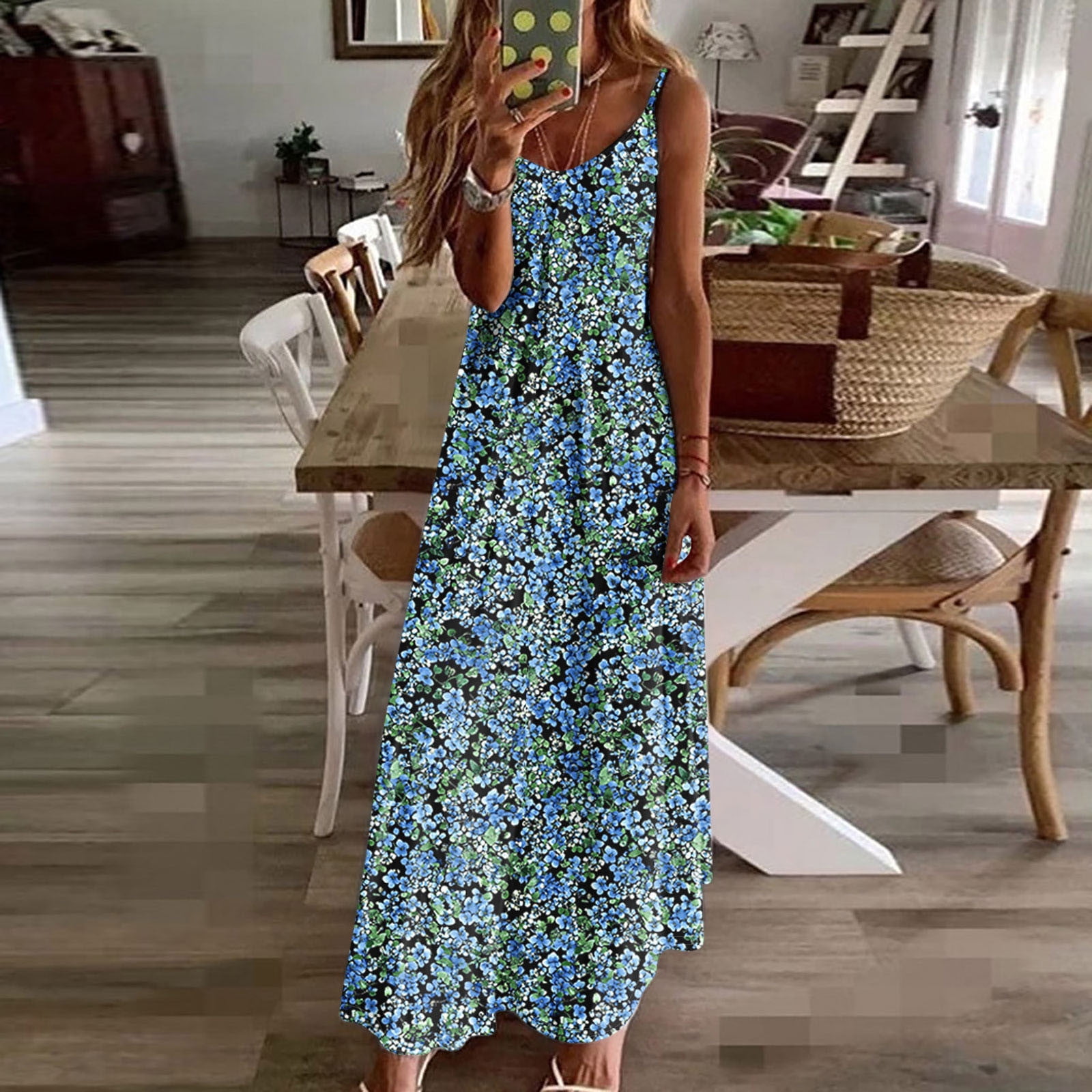 women's loose maxi dress WOMEN'S SLEEVELESS V-NECK MULTI PRINT LOOSE FIT MAXI DRESS