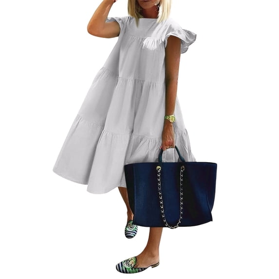 Summer Dresses for Women Sundress Sleeveless Ruffle Sleeve Round Neck Loose Short Flowy Pleated Mini Babydoll Dress