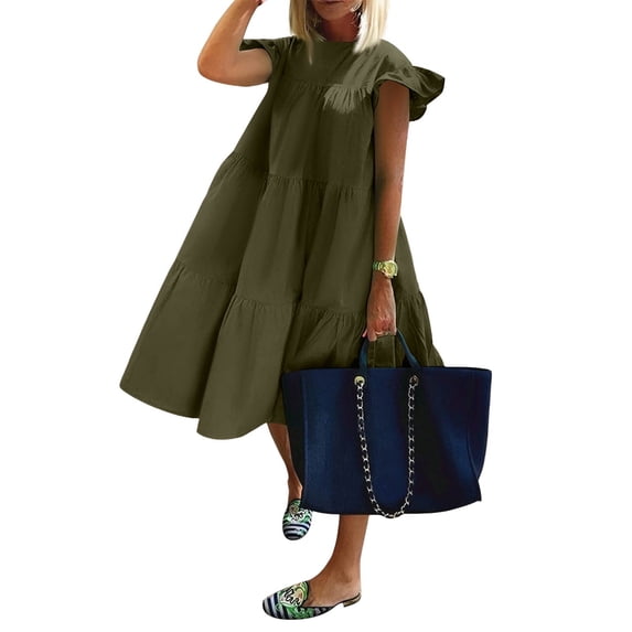 Summer Dresses for Women Sundress Sleeveless Ruffle Sleeve Round Neck Loose Short Flowy Pleated Mini Babydoll Dress