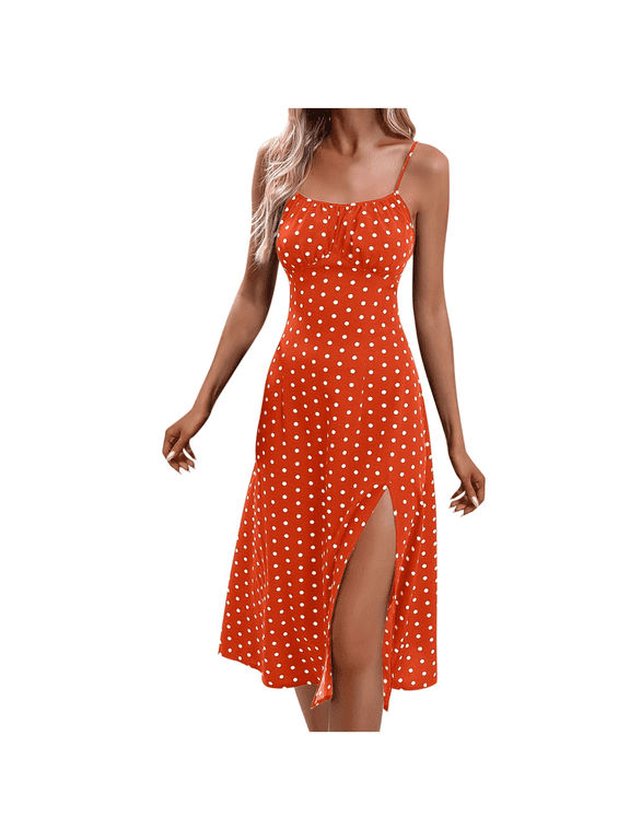 Women Spaghetti Straps Sleeveless Summer Dresses Polka Dot Split Printed Maxi Dresses Midi Beach Vacation Dress