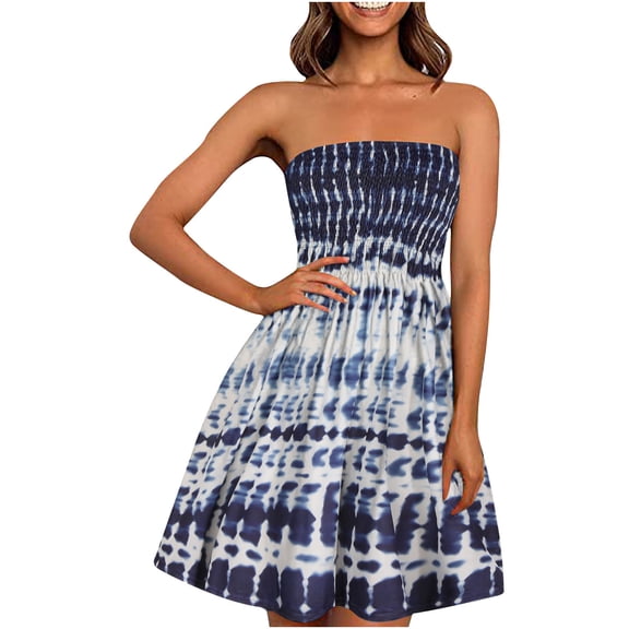 Summer Dresses for Women Tube Strapless Bohemian Style Printing Sleeveless A-Line Dress Ladies Beach Sun Dresses