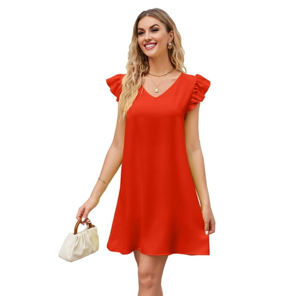 Summer Dresses for Women V Neck Cap Sleeve Casual Mini Dress Orange Color S