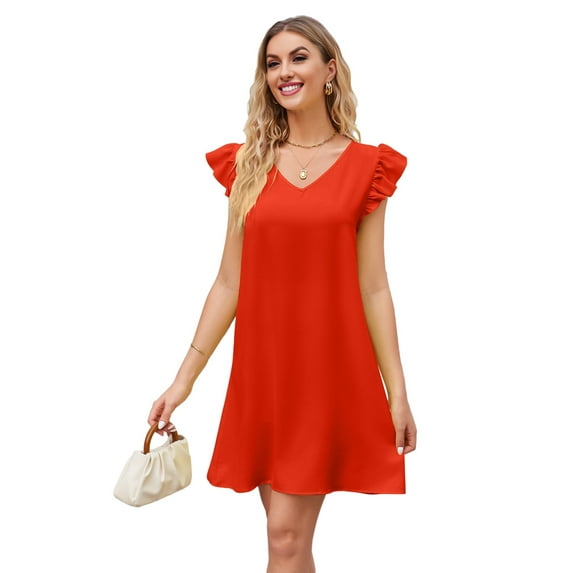 Summer Dresses for Women V Neck Cap Sleeve Casual Mini Dress Orange Color XL