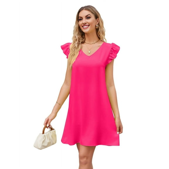 Summer Dresses for Women V Neck Cap Sleeve Casual Mini Dress Rose Red L