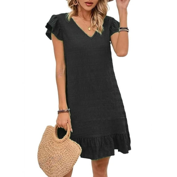 Summer Dresses for Women V Neck Cap Sleeve Ruffle Hem Smock Short Dress