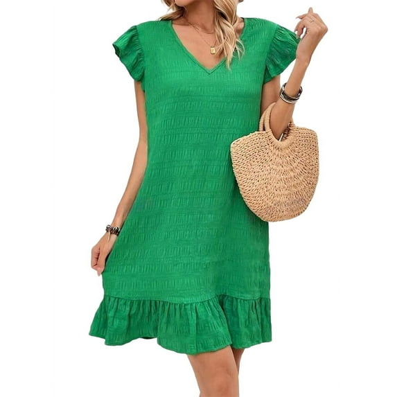 Summer Dresses for Women V Neck Cap Sleeve Ruffle Hem Smock Short Dress Green S