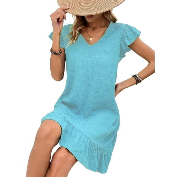 Summer Dresses for Women V Neck Cap Sleeve Ruffle Hem Smock Short Dress Light Blue S