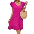 thumbnail image 1 of Summer Dresses for Women V Neck Cap Sleeve Ruffle Hem Smock Short Dress Rose Red XL, 1 of 8
