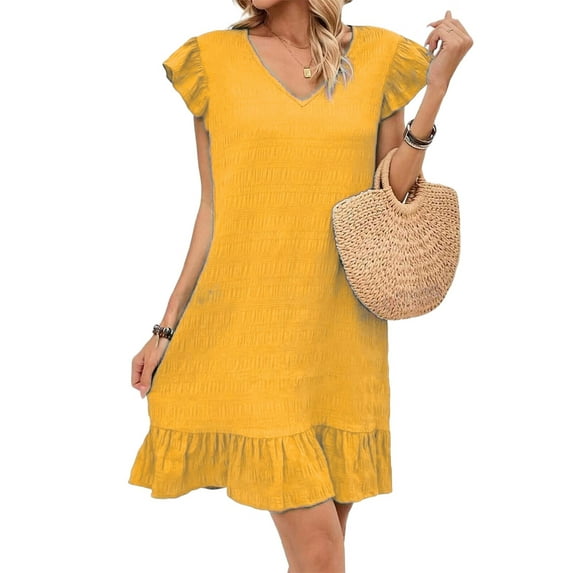 Summer Dresses for Women V Neck Cap Sleeve Ruffle Hem Smock Short Dress Yellow M