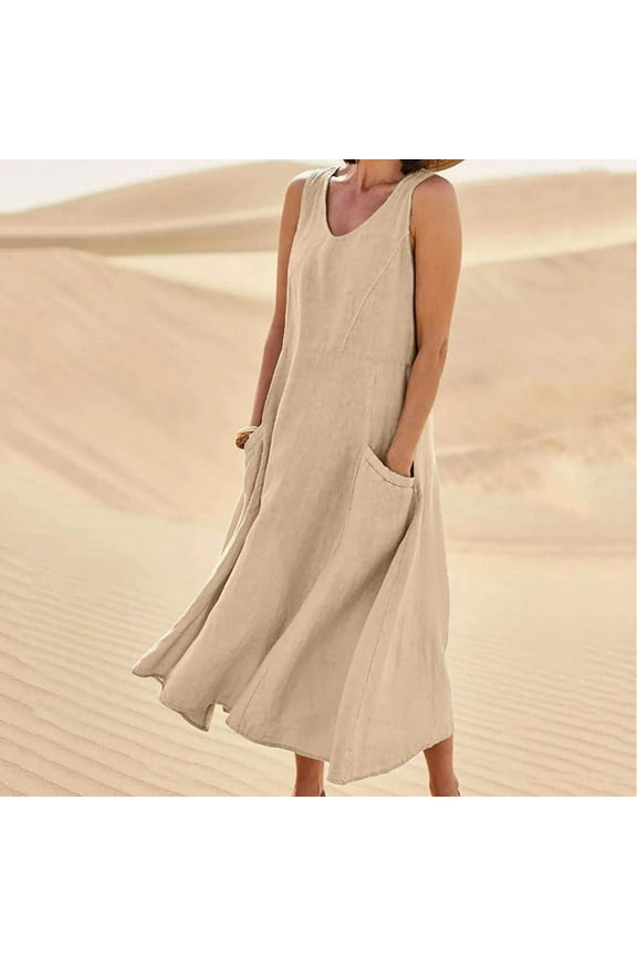 Summer Dresses for Women V Neck Casual Solid Color Sleeveless Cotton Linen Long Dress