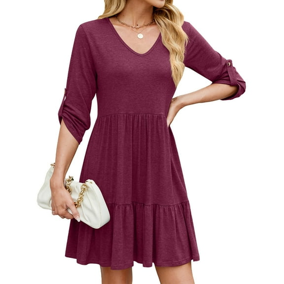 Summer Dresses for Women V-Neck Half Sleeve Pleated Tiered Flowy Loose Shift Beach Casual Western Mini Dress