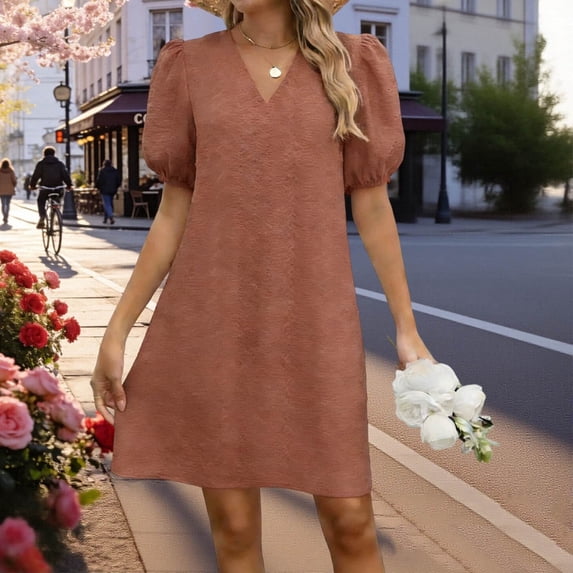 Summer Dresses for Women V Neck Puff Short Sleeve Elegant Flowy Casual Party Vacation Wedding Guest Mini Dress S-2XL