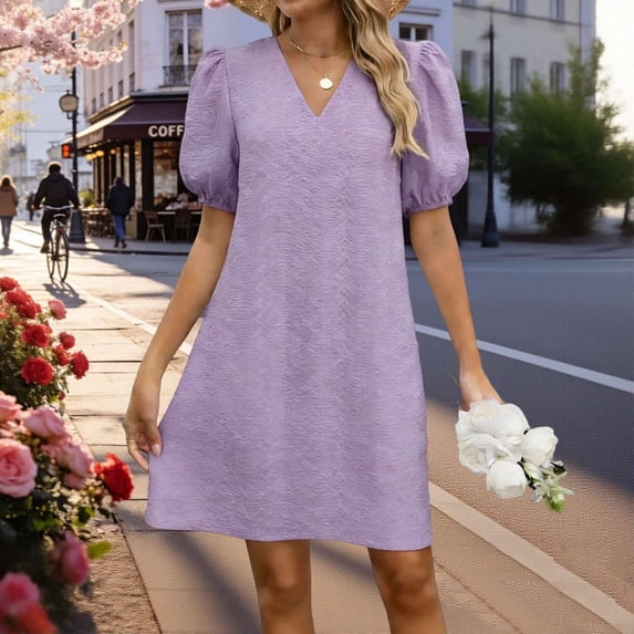 Summer Dresses for Women V Neck Puff Short Sleeve Elegant Flowy Casual Party Vacation Wedding Guest Mini Dress S-2XL