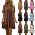 thumbnail image 1 of Summer Dresses for Women V Neck Ruffle Short Sleeve Casual Shift Dress Coffee XL, 1 of 9