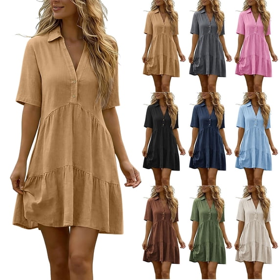 Summer Dresses for Women V Neck Ruffle Short Sleeve Casual Shift Dress Khaki M