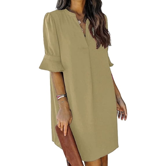 Summer Dresses for Women V Neck Ruffle Short Sleeve Casual Shift Dress with Pockets Apricot S
