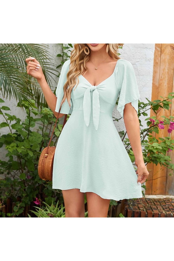 Summer Dresses for Women V Neck Short Sleeve Dress Bow Tie Sundress Solid Color Casual Date Night Party Romantic Everyday Mini Dress