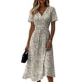thumbnail image 1 of Summer Dresses for Women, V-Neck Short Sleeve Elastic Waist A-Line Casual Cocktail Dress Khaki 3XL, 1 of 4