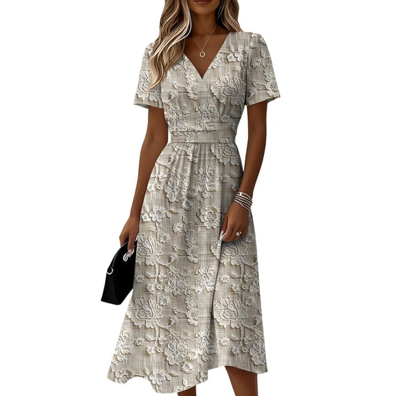 Summer Dresses for Women, V-Neck Short Sleeve Elastic Waist A-Line Casual Cocktail Dress Khaki 3XL