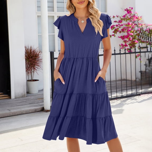 Summer Dresses for Women V Neck Short Sleeve Solid Color Tiered Ruffle Casual Everyday Beach Holiday A Line Midi Dress
