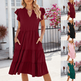 thumbnail image 1 of Summer Dresses for Women V Neck Short Sleeve Solid Color Tiered Ruffle Casual Everyday Beach Holiday A Line Midi Dress, 1 of 8