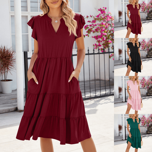 Summer Dresses for Women V Neck Short Sleeve Solid Color Tiered Ruffle Casual Everyday Beach Holiday A Line Midi Dress