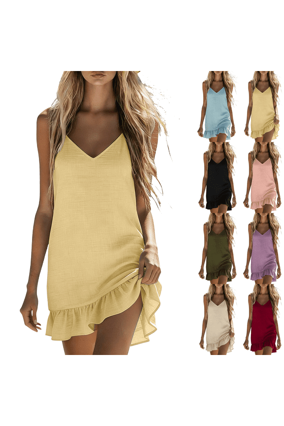 Summer Dresses for Women V Neck Sleeveless Mini Sundress Loose Flowy Ruffle Hem Boho Beach Vacation Linen Dress,Sizes S-2XL