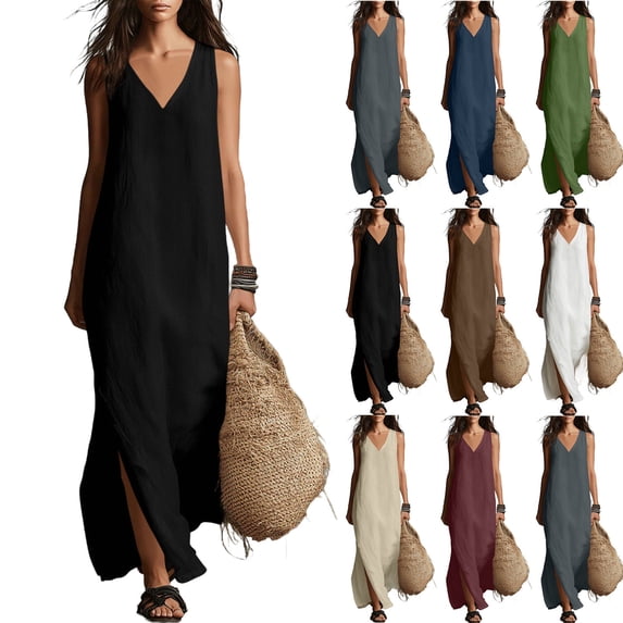 Summer Dresses for Women V‑Neck Sleeveless Solid Color Cotton‑Linen Split Hem Long Dress Lightweight Cozy Home Lounge