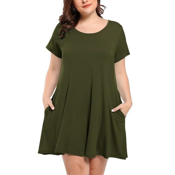 VEPKUL Womens Plus Size Dresses with Pockets Casual Short Sleeve Dress Loose A Line Flowy Swing ArmyGreen_1X