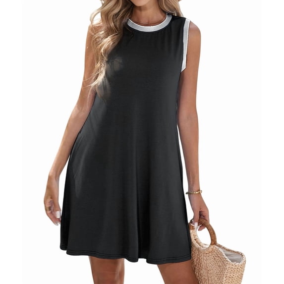 Summer Dresses for Women Vacation Casual Beach Sundress Sleeveless Tank Crewneck Shift Swing Dress Black XXL