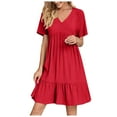 thumbnail image 1 of Summer Dresses for Women Vacation Short Sleeve V Neck Mini T Shirt Dress Casual Loose Flowy Pleated Ruffle Beach Sundress, 1 of 8