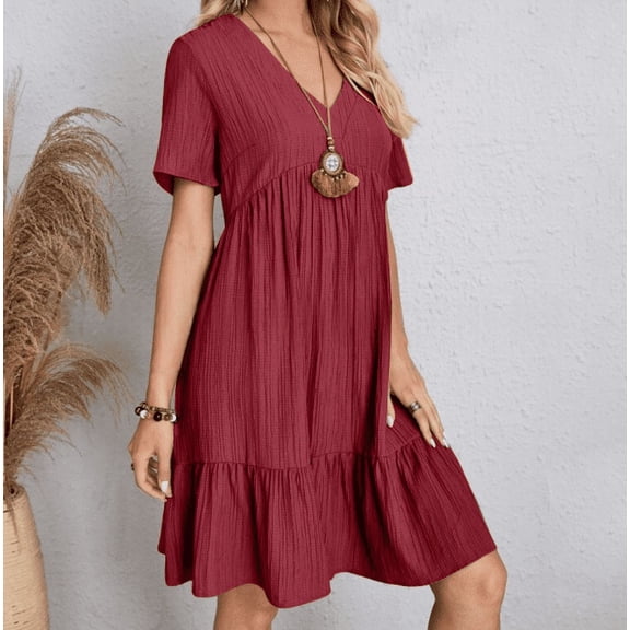 Summer Dresses for Women Vacation Short Sleeve v Neck Mini T Shirt Dress Pleated Ruffle Flowy Beach Sundresses