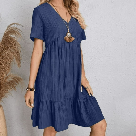 Summer Dresses for Women Vacation Short Sleeve v Neck Mini T Shirt Dress Pleated Ruffle Flowy Beach Sundresses