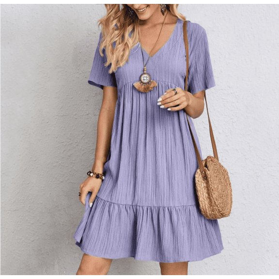 Summer Dresses for Women Vacation Short Sleeve v Neck Mini T Shirt Dress Pleated Ruffle Flowy Beach Sundresses