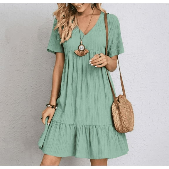 Summer Dresses for Women Vacation Short Sleeve v Neck Mini T Shirt Dress Pleated Ruffle Flowy Beach Sundresses