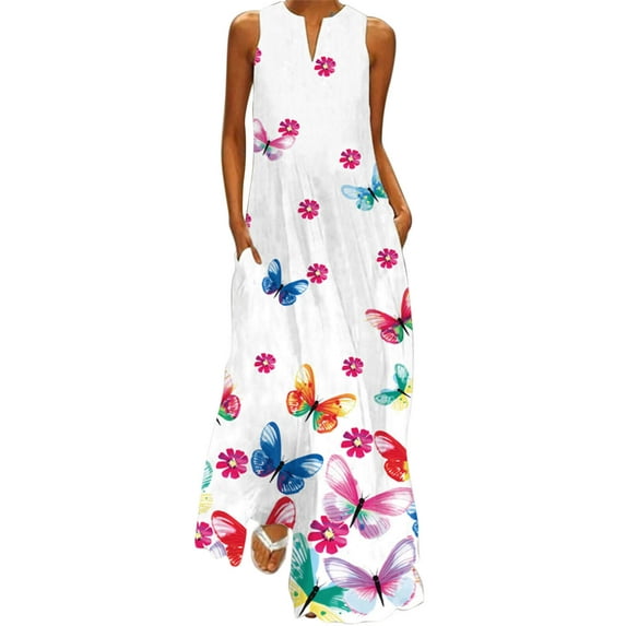 Summer Dresses for Women Wedding Guest Dresses Sleeveless Plus Size Maxi Dresses Floral and Butterfly Print Kaftan Boho Dress Shermie