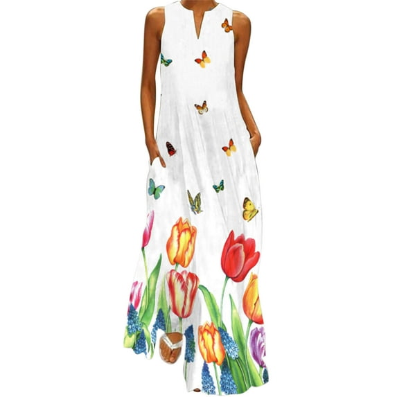 Summer Dresses for Women Wedding Guest Dresses Sleeveless Plus Size Maxi Dresses Floral and Butterfly Print Kaftan Boho Dress Shermie