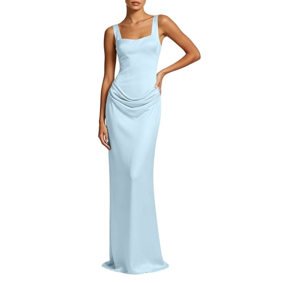 Summer Dresses for Women, Women's Corset Prom Dresses Satin Mermaid Long Formal Dress Square Neck Wide Straps Bodycon Evening Gown