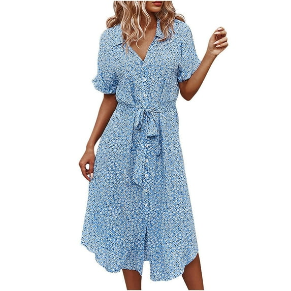 Summer Dresses for Women Women's Summer Bohemian Print Short Sleeve Button Bandage Knee Length Dress Blue S