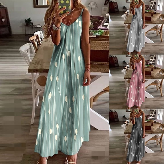 Summer Dresses for Women Women's Summer Fashion Printed V-Neck Sleeveless Suspenders Pullover Dress Pink L